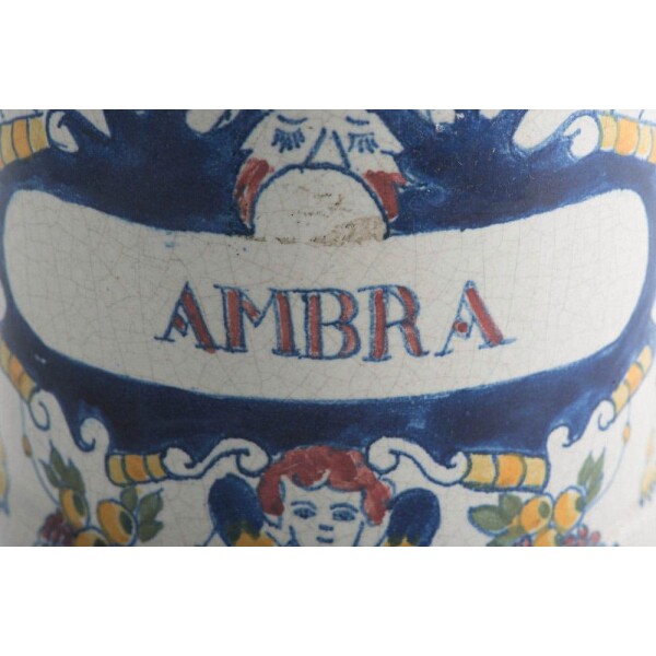 Decorated drug jar c.1780 Closeup AMBRA Logo