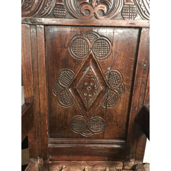 Antique Wainscot chair, English 17th century Closeup Wood Detail