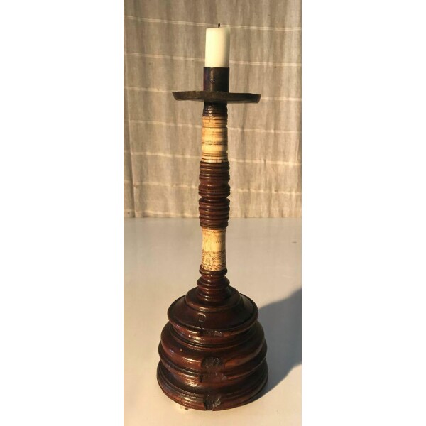 Antique oak and bone turned stand 17th century, now a candle stick Front View