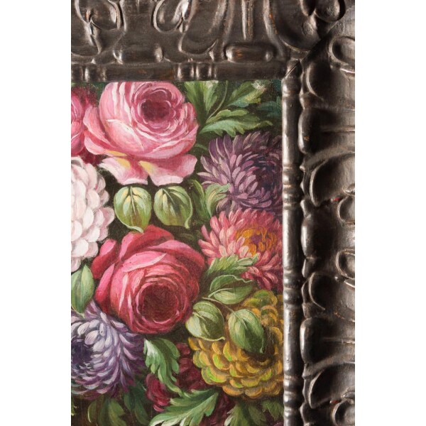 Antique Flower painting on board, 19th century Closeup Flowers