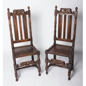 Antique pair of Charles II oak chairs Front Facing