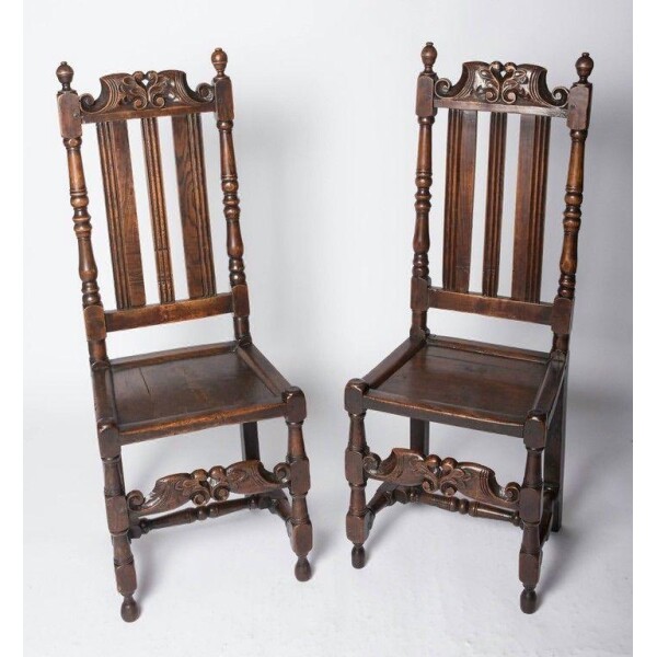 Antique pair of Charles II oak chairs Front Facing