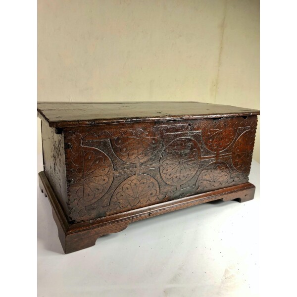 Small oak coffer of very good colour and well carved Front