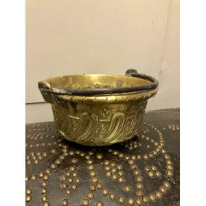 17th Century brass bowl with iron handle Side