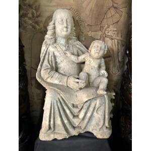 C1400 limestone sculpture of seated Madonna with 6 fingers on her right hand Front Facing