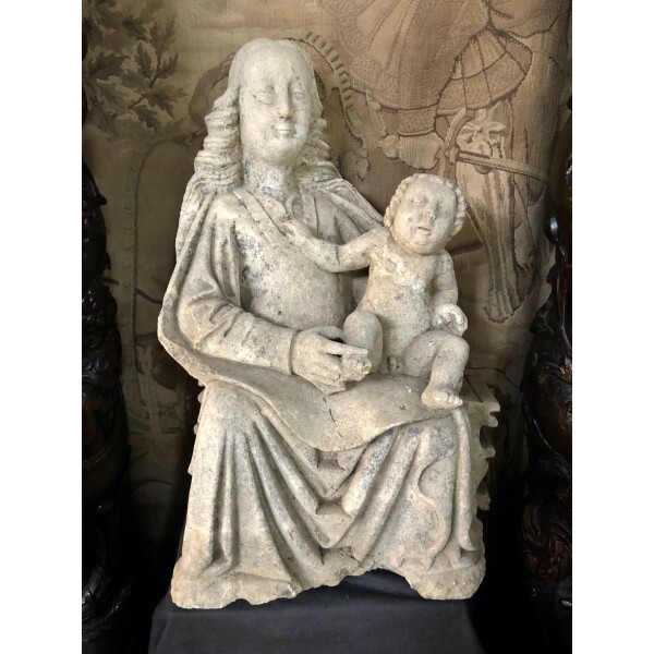 C1400 limestone sculpture of seated Madonna with 6 fingers on her right hand Front Facing