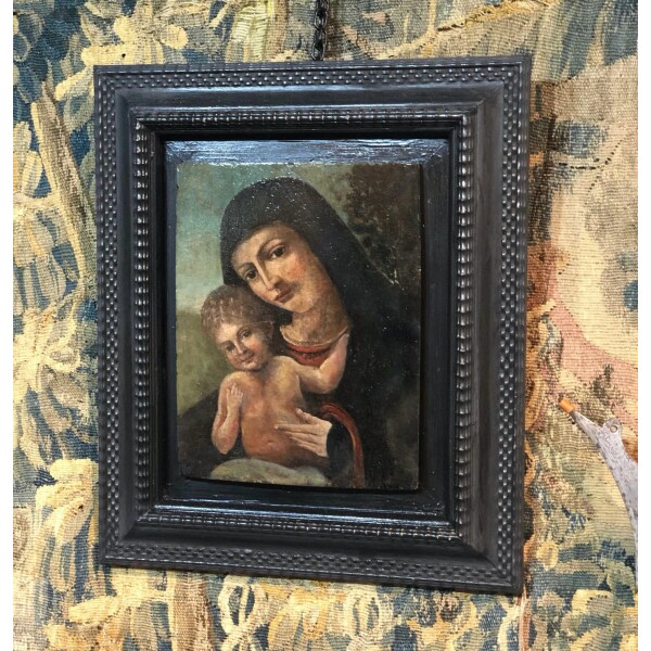 15th Century Madonna and child painted on walnut Front Facing with Frame
