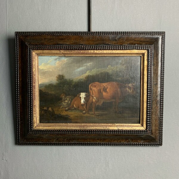 English early 18th Century oil on canvas of a country scene Front Facing with Frame