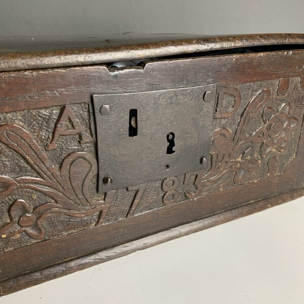 Very small 18th century oak bible box Closeup of Lock