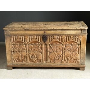 Carved oak coffer 15 c some old repairs