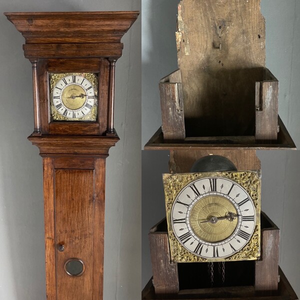Early oak clock with 9” movement which hangs on original hook on back board c1700