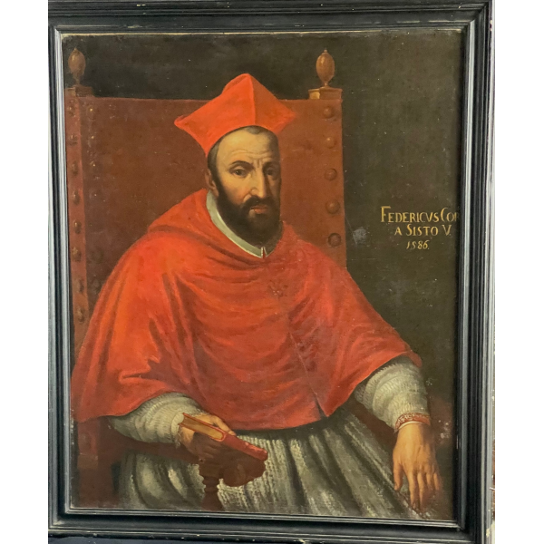 Oil on canvas of a cardinal named and dated 1586