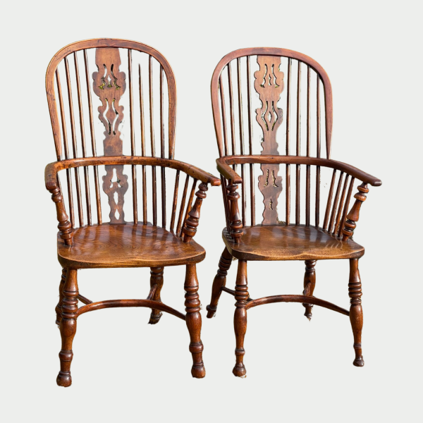 Near Pair of Yew Wood Windsor Chairs with crinoline stretchers