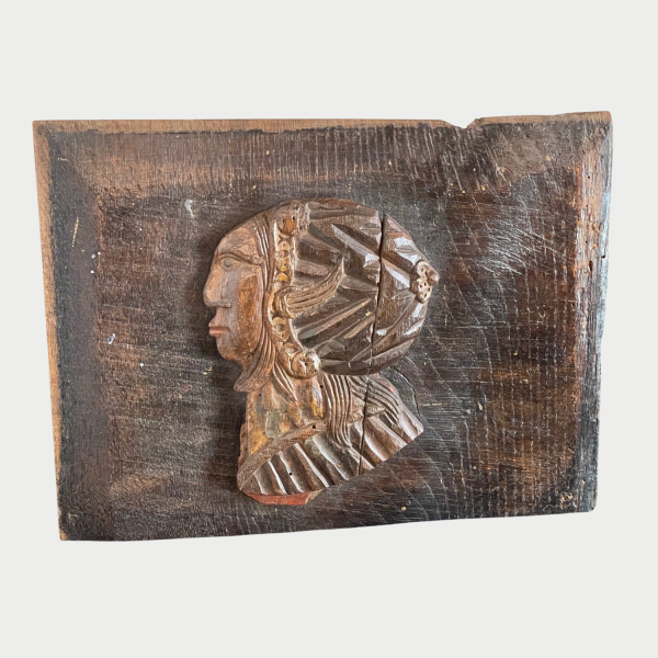 Early 16th Century English oak panel with applied carved head of a Tudor lady